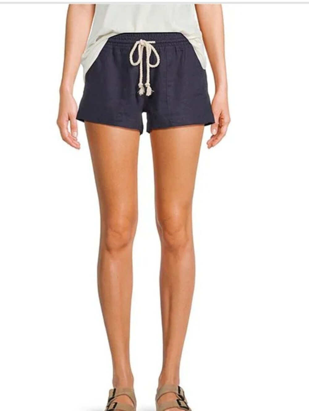 Roxy Blask Linen Blend smocked Elastic-Waist Shorts with Cream Rope Drawstring